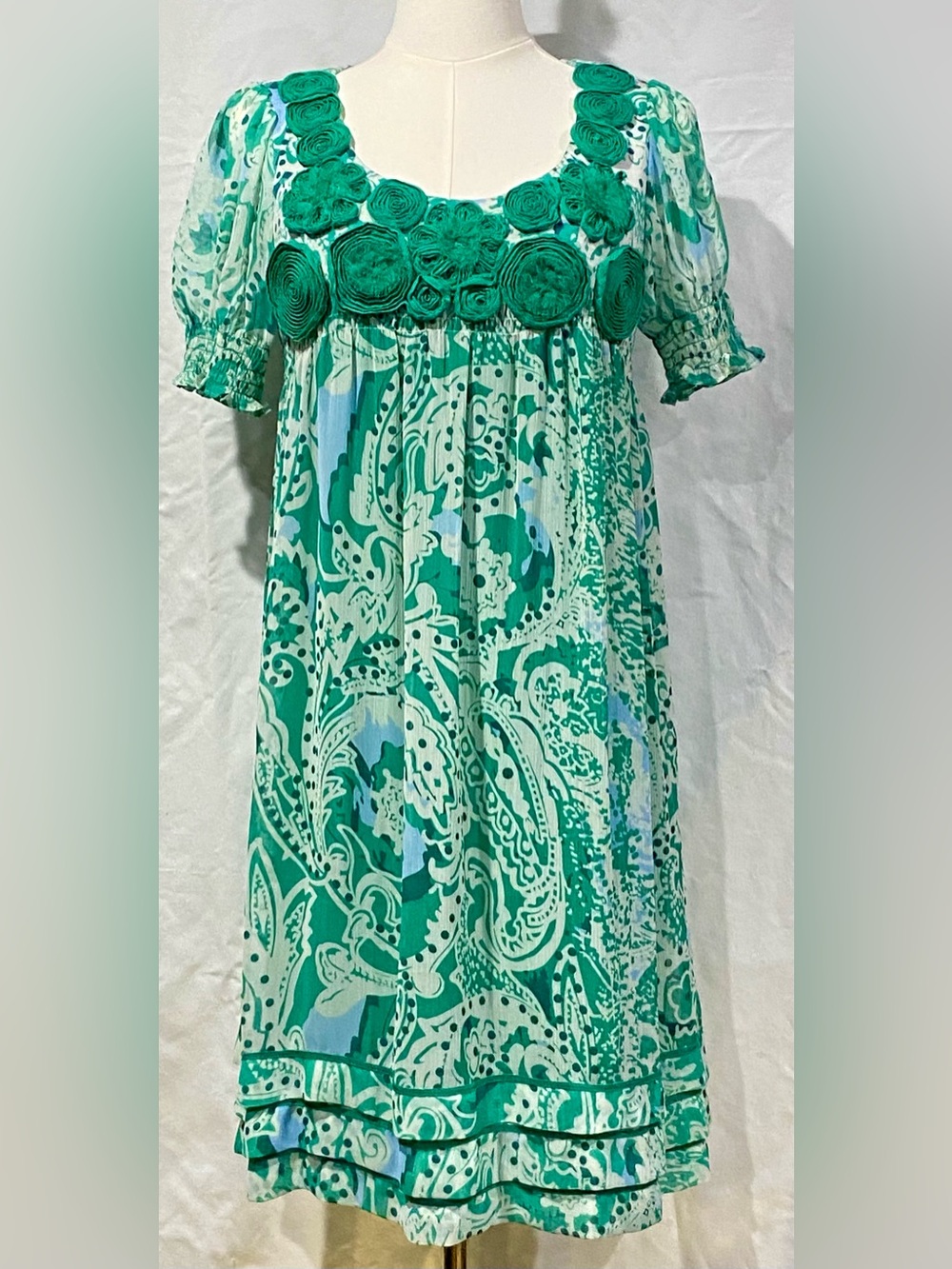 Vintage Y2K Ice Green and Blue Paisley Print Midi Dress with Smocked Bodice S.4